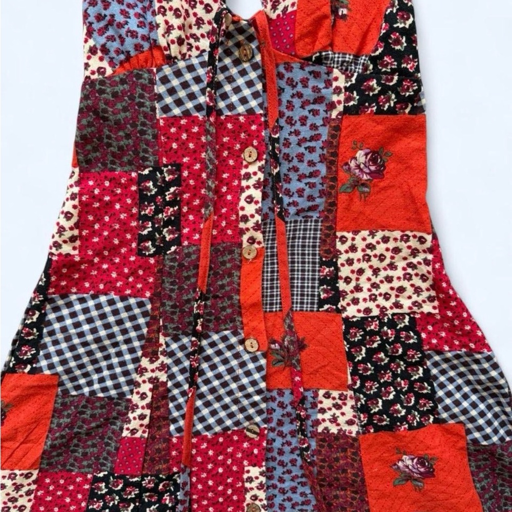 Cider Patchwork Cotton Button Down Halter Midi Dr… - image 3